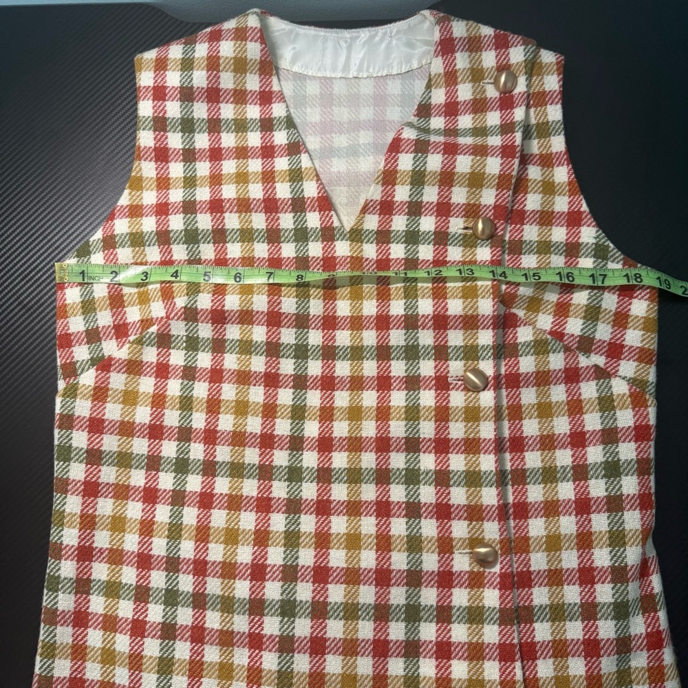 Vintage Plaid Wool Vest Shirt Gold Buttons Overlap Front Sleeveless Sz M - Picture 6 of 9